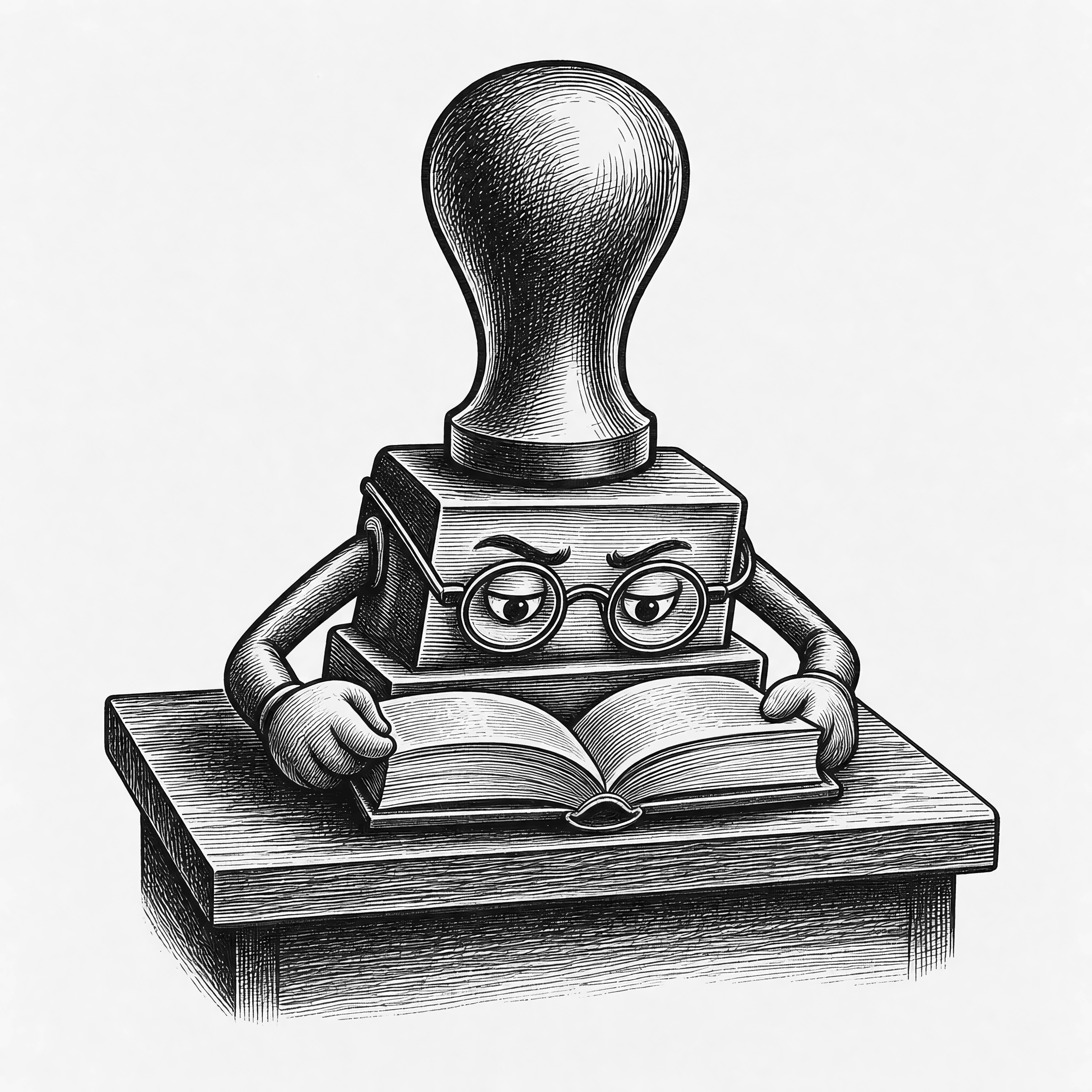 A rubber stamp with good posture, hard at its reading.
