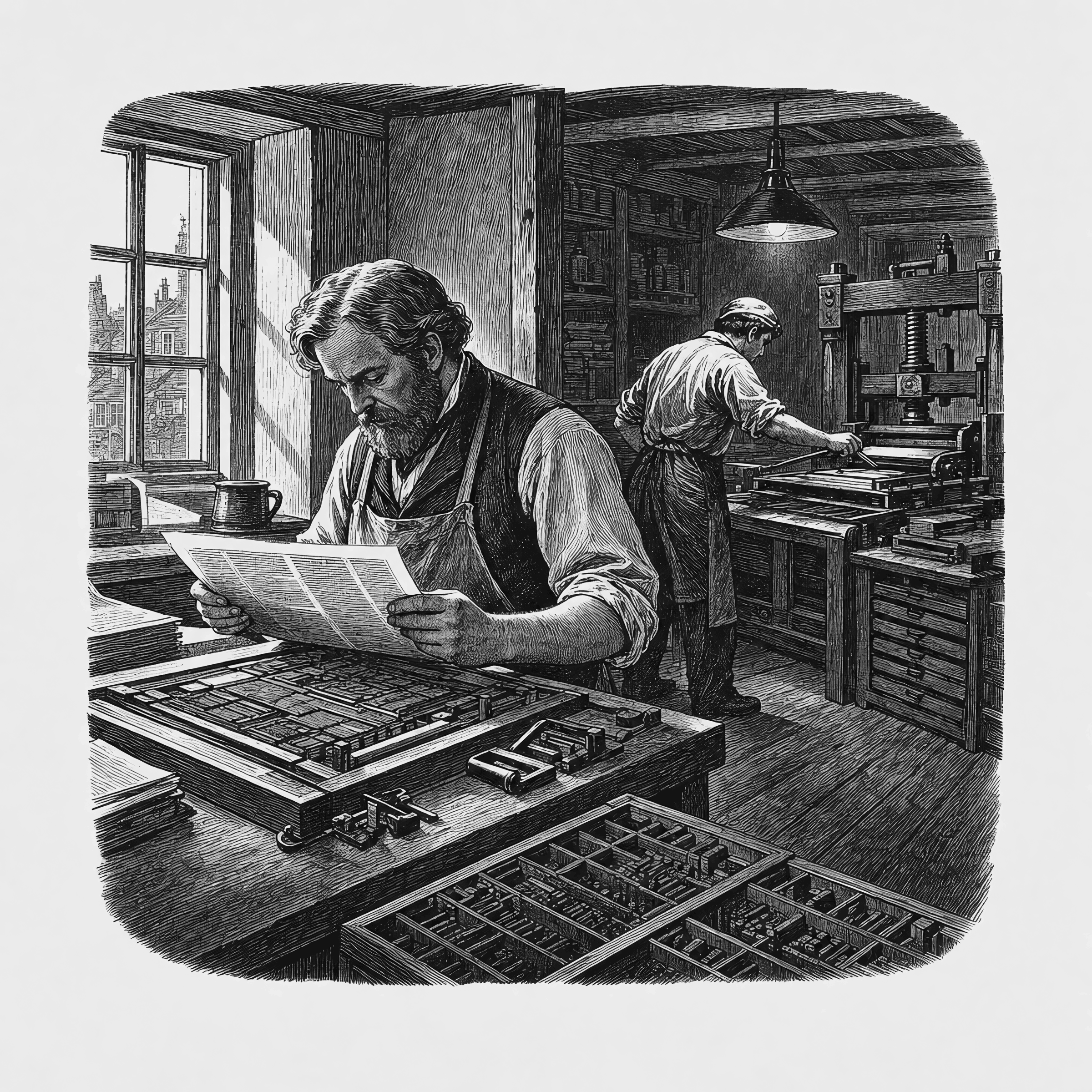 The shop at morning. The proprietor reads what the night shift set; the night shift has already begun the next.