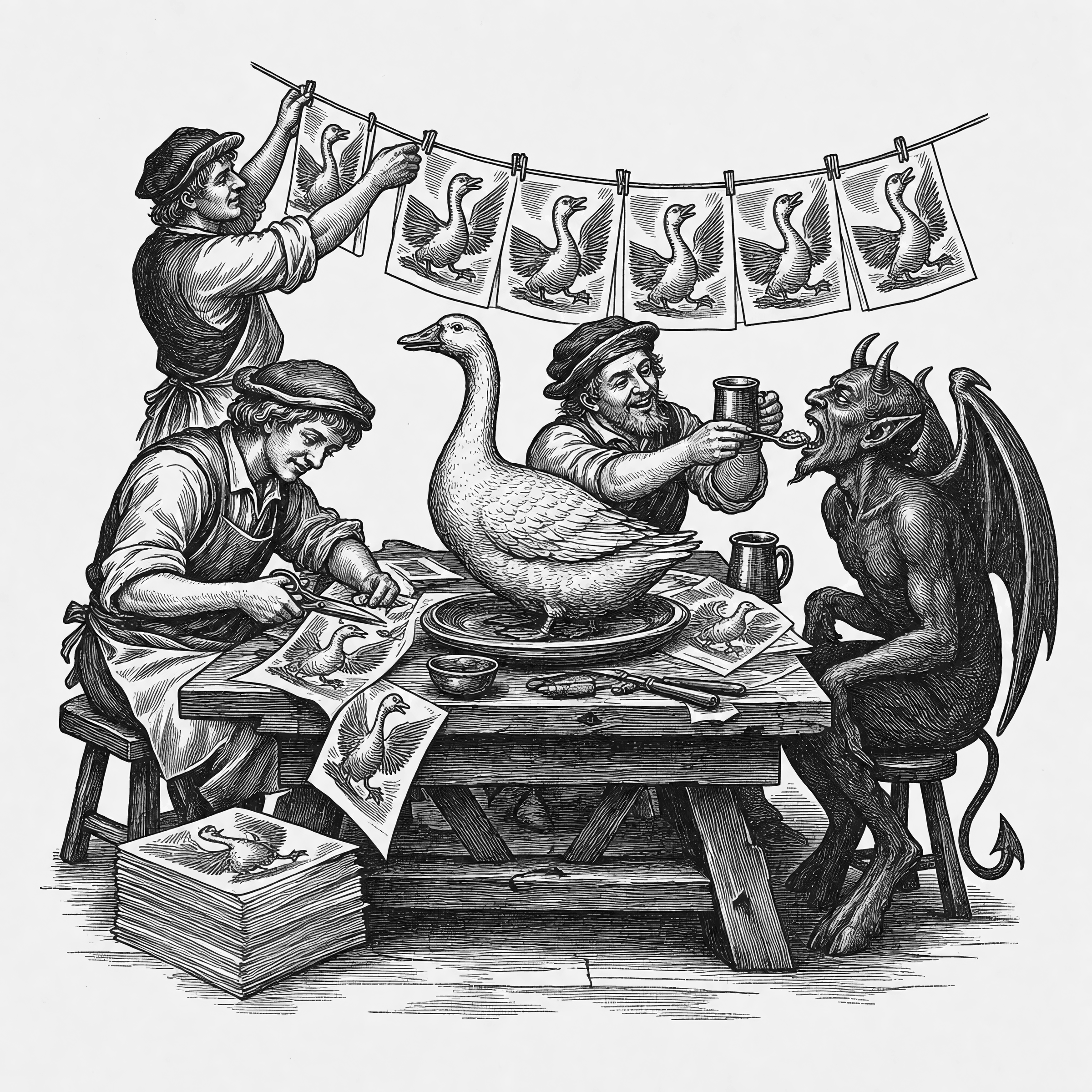 The wayzgoose. Proof sheets for bunting, a goose for the table, and the devil fed at last.