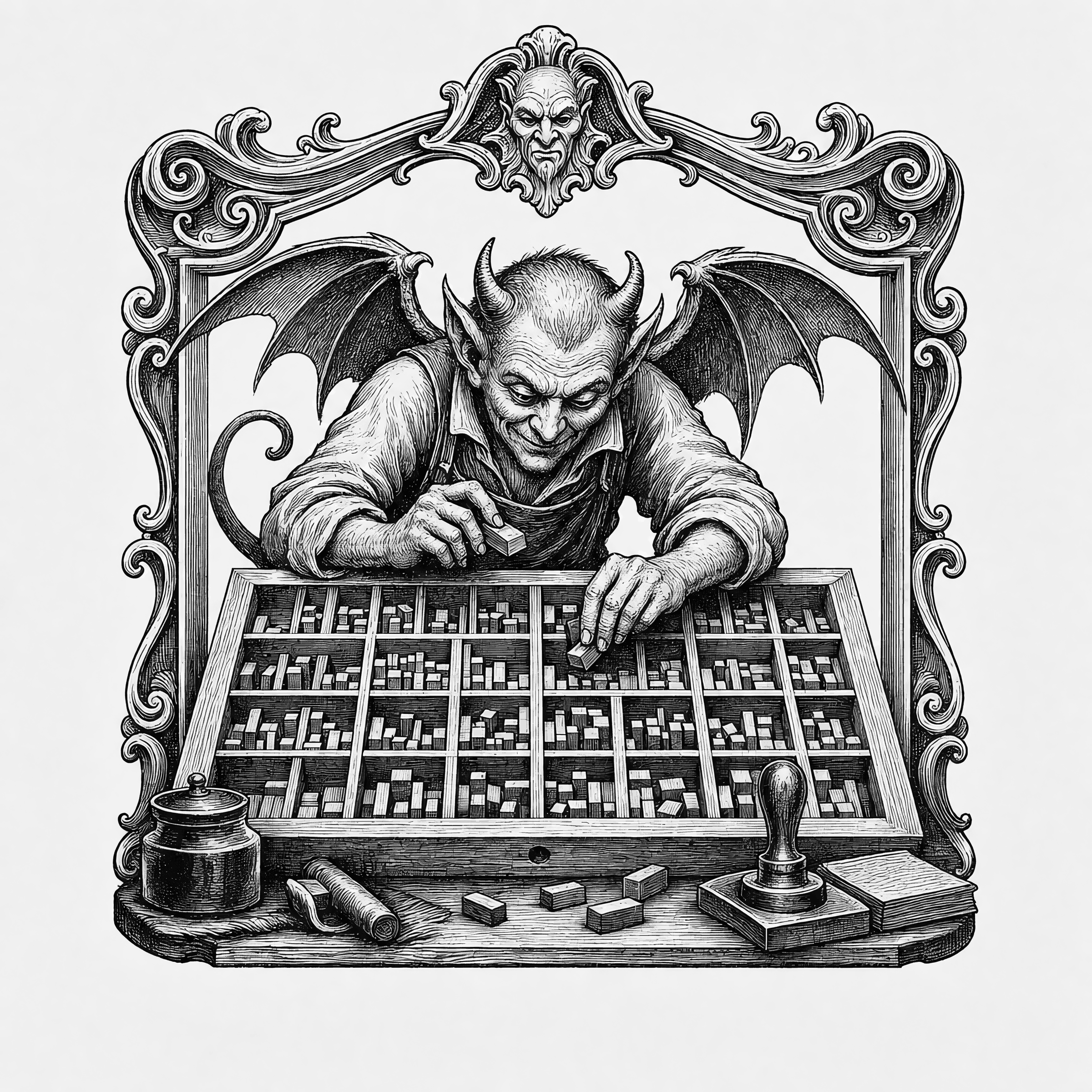 Titivillus at the frame, setting his favorite errors by hand. The motto above the case is the shop’s whole law.