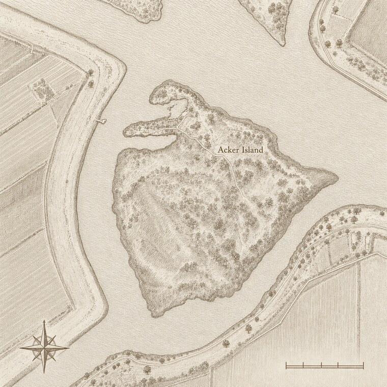 An aerial image of an island coastline redrawn as a engraved map