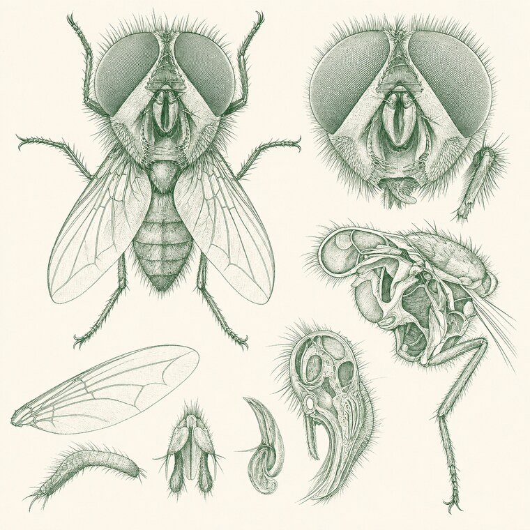 A macro photograph of a fly redrawn as a botanical plate