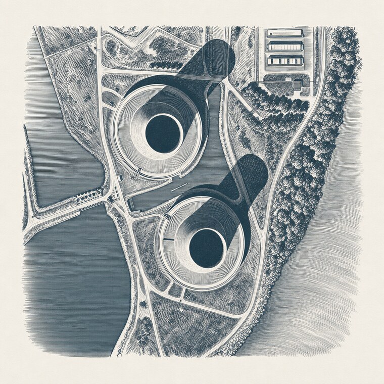 A photograph of nuclear cooling towers redrawn as a wood engraving