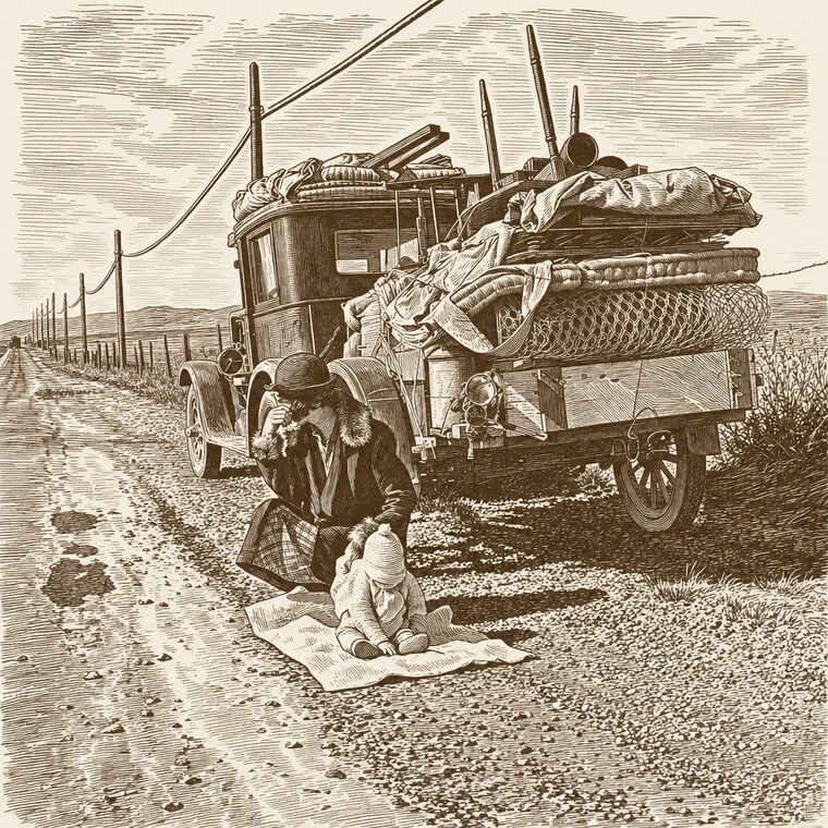 A documentary photograph of a family redrawn as a figure engraving