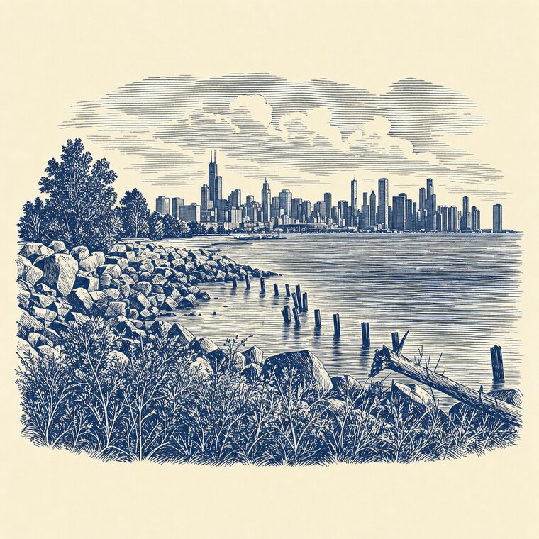 A photograph of a city skyline redrawn as a wood engraving